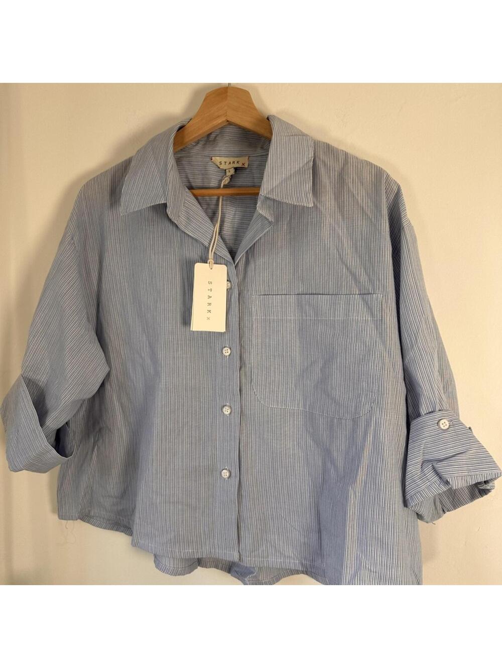 Stark X Blue Stripe Button Up Shirt Womens Size L Cropped Boxy Relaxed Cotton